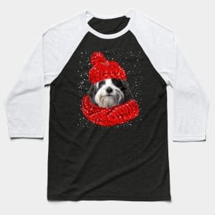 Tibetan Terrier Wearing Red Hat And Scarf Christmas Baseball T-Shirt